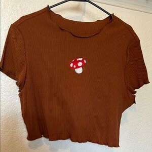 Brown Ribbed Crop Top with Mushroom Embroidery